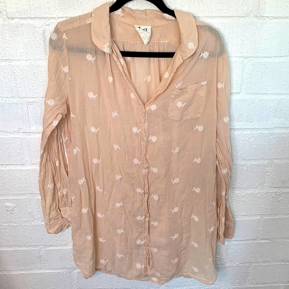 Anthropologie Mermaid Embroidered Pink Shirt Long Sleeve Dress size Medium